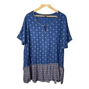 Chelsea Studio Blue Tunic Top Short Sleeve Keyhole‎ Diamond Print Women Size 2X